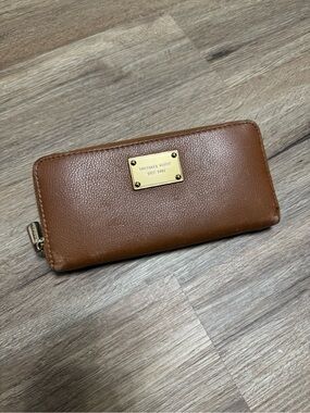 Michael Kors Brown Zip-Around Leather Wallet with Gold Plaque